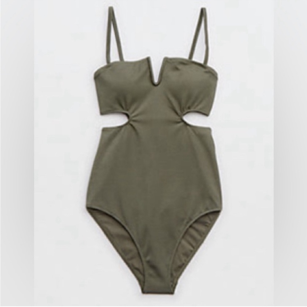 aerie shine pique v wire cut out one piece swimsuit, olive  green